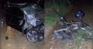 acidente grave na PR-218 em Astorga mostra veículo capotado e motocicleta destruída em trecho próximo ao Motel Queens.