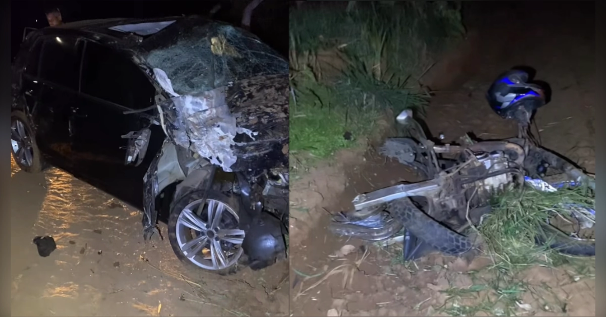 acidente grave na PR-218 em Astorga mostra veículo capotado e motocicleta destruída em trecho próximo ao Motel Queens.